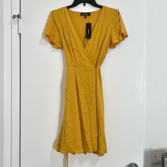 NWT Lulus Harbor Point Mustard Yellow Flutter-Sleeve Mini Wrap Dress - Picture 3 of 12